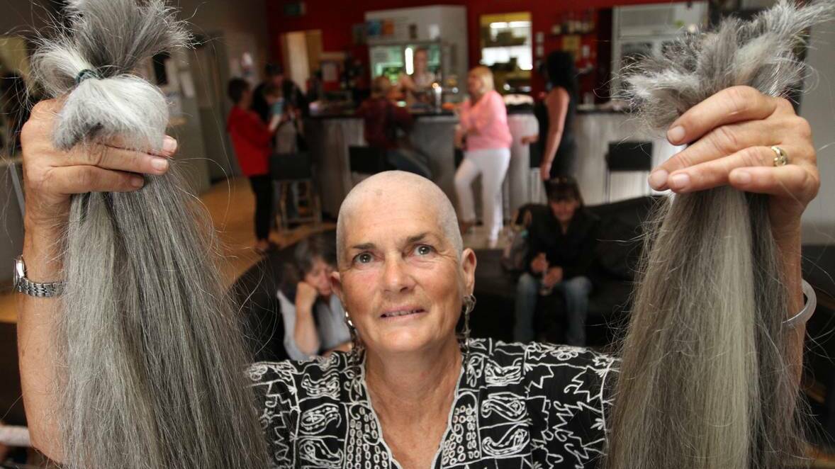 BURNIE: Caroline Bennett O'Neill after her long grey hair was shaved and then donated to make wigs for those in cancer treatment. Picture Katrina Dodd.