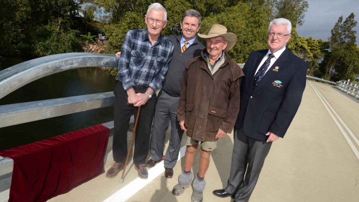 Moto resident Ron Algie, Dr David Gillespie MP, John Burton, and Mayor Paul Hogan at the official opening of the Dickensons Bridge.