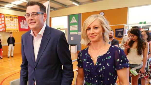Daniel Andrews and his wife Catherine Andrews at Albany Rise Primary School, Mulgrave on Saturday. Photo: Paul Jeffers