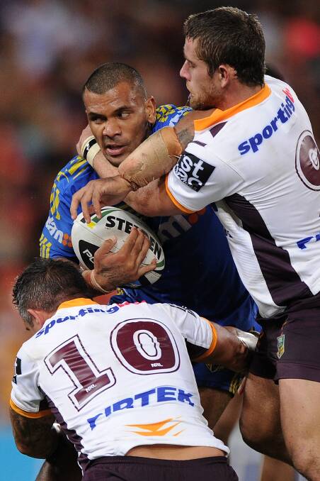 Manu Ma'u of the Eels is tackled . The Eels defeated the Broncos 25-18 on Brisbane turf in Round Five of the NRL. Picture: Getty Images