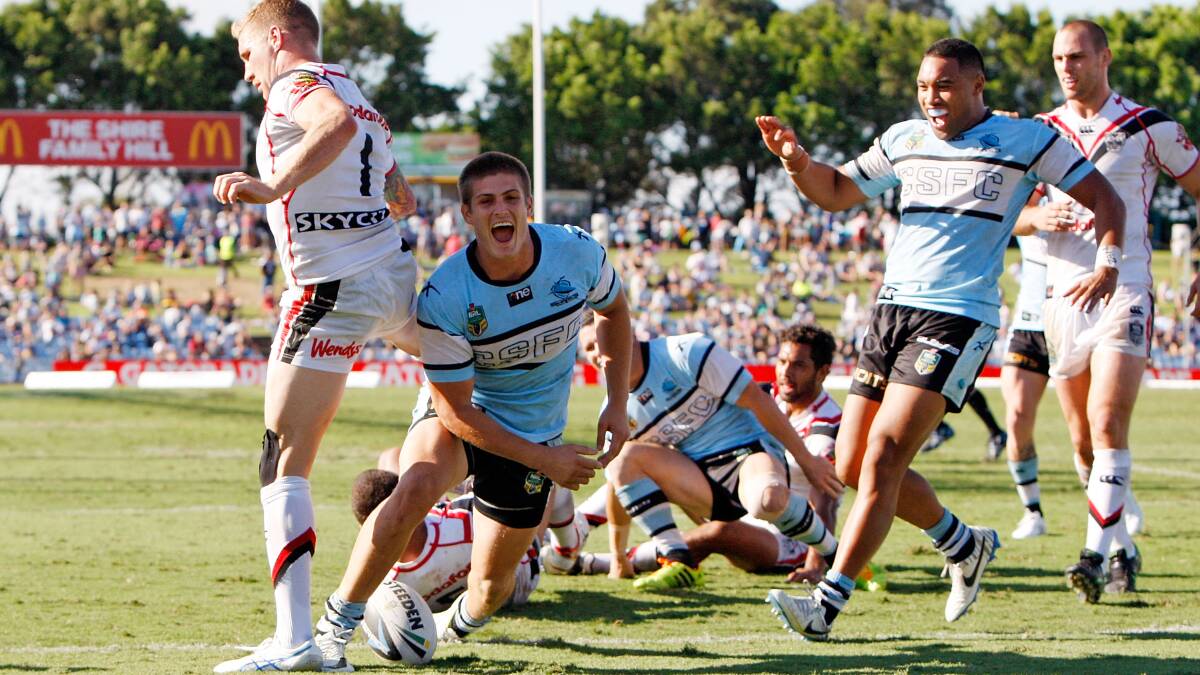 Blake Ayshford celebrates his try during the round five NRL match between the Cronulla-Sutherland Sharks and New Zealand Warriors at Remondis Stadium. The Sharks trounced the Warriors 37-6 to record their first win for the season. Picture: Getty Images