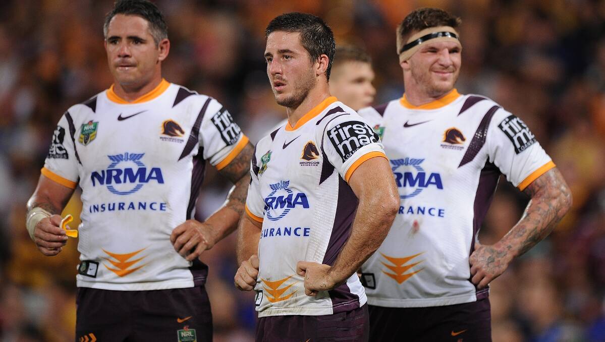Ben Hunt and Brisbane teammates catch a breath. The Eels defeated the Broncos 25-18 on Brisbane turf in Round Five of the NRL. Picture: Getty Images