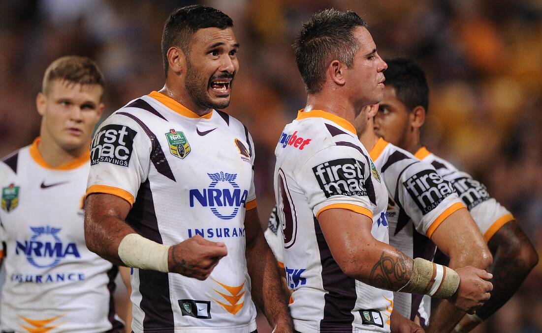 Justin Hodges of the Broncos speaks to his players. The Eels defeated the Broncos 25-18 on Brisbane turf in Round Five of the NRL. Picture: Getty Images