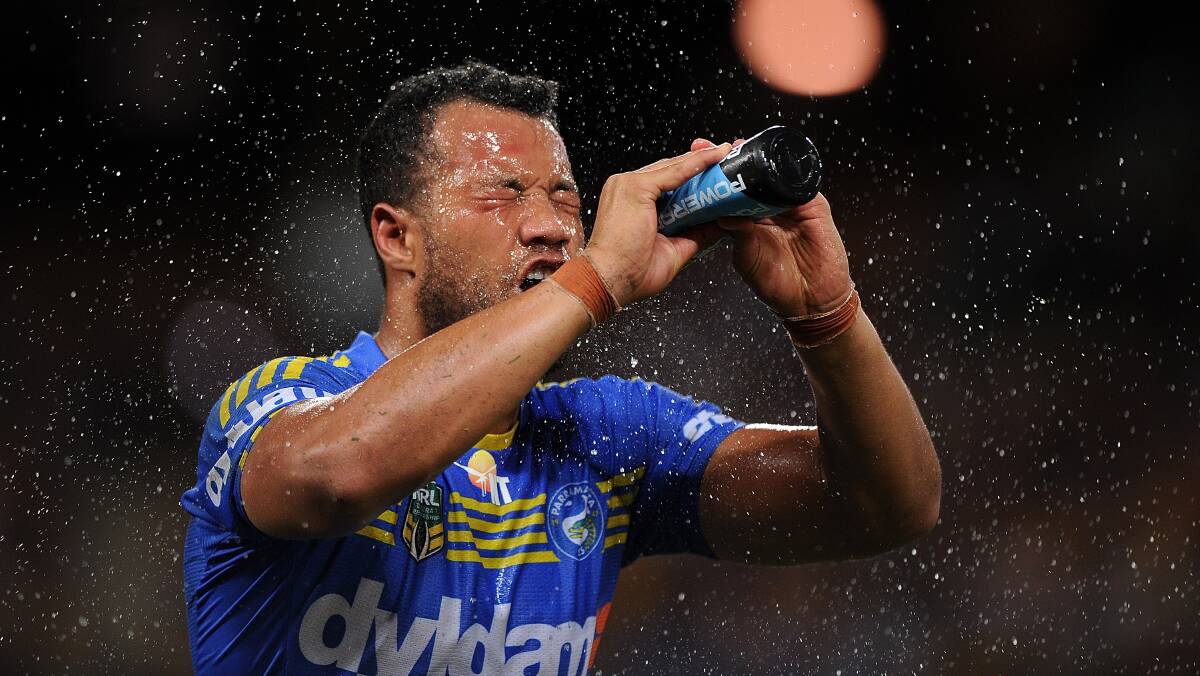 Joseph Paulo of the Eels sprays water on his face. The Eels defeated the Broncos 25-18 on Brisbane turf in Round Five of the NRL. Picture: Getty Images