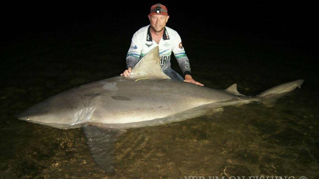 A long time coming: Glenn Lambert with a three-metre bull shark caught off Croki. The event will be detailed in an upcoming DVD feature. Photo: Yep I'm On Fishing.