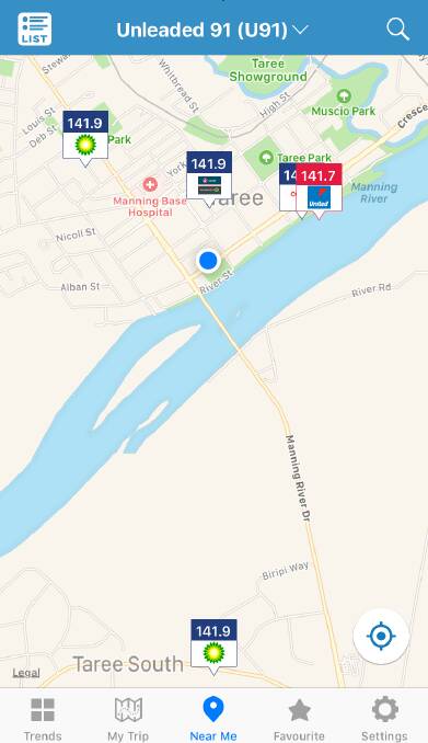 A screenshot of the Fuel Check app, showing where to find the cheapest Unleaded 91 petrol in the Taree area.