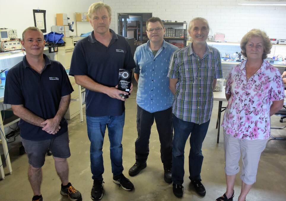 Australian Rail Technology Taree branch staff Jason Sipek, Paul Boere (with the Mid North Coast excellence in innovation award), Graeme Elliott, Sebastian Hutten and Adele McCormack.