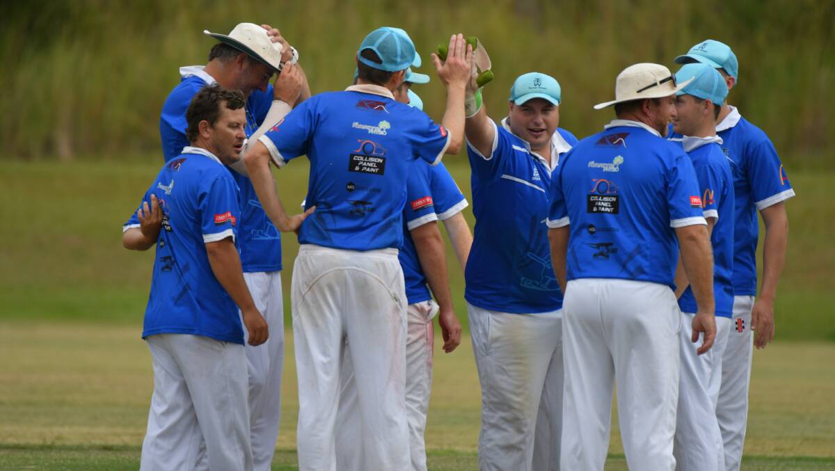 High five: Taree West celebrate a wicket during their clash with Port Pirates. The side finished on 61 points with Wauchope RSL, but miss out on the finals due to percentage. Photo: Ivan Sajko/ Port News.