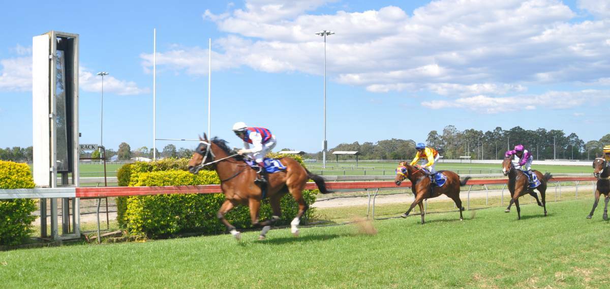 Hands and heels: Champion jockey Peter Graham rides home I Am Dynamic to claim the first race at last year's Old Boys Day meeting at Wauchope. Photo: Pete Daniels.