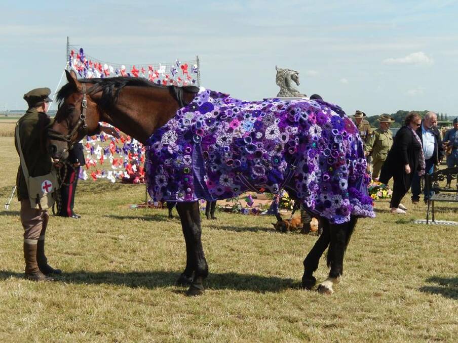 Rememberence: Volunteers sewed 1000 purple poppies together to create a rug. It was displayed on a horse at the ceremony. Photo: Supplied.