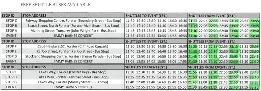 Shuttle buses will run at these times and locations.