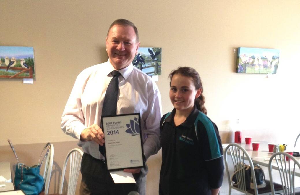 Member for Myall Lakes Stephen Bromhead with 2014 Bert Evans Scholarship recipient Grace Williams of Forster.