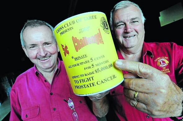 Pick a tin, any tin, and donate all your five cent coins. That is the request of Allen Lenton (left) and Brian McWhirter of the Lions Club of Taree.