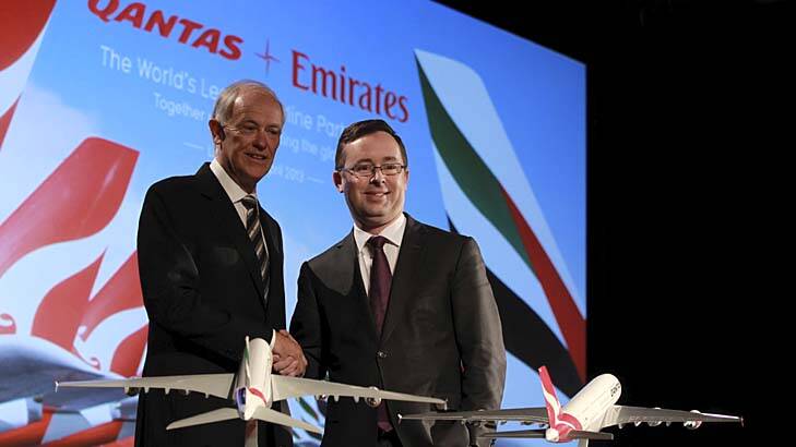 The right strategy ... Tim Clark from Emirates and Allan Joyce from Qantas announce a ten-year business partnership.