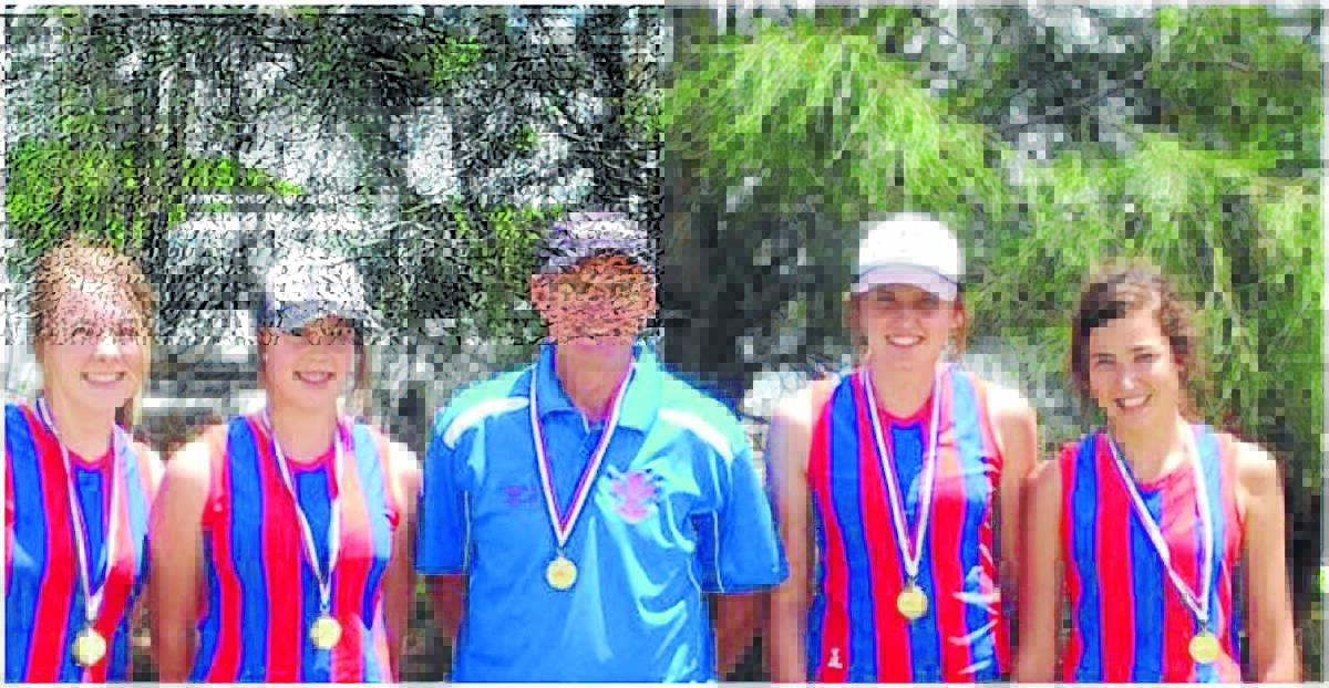 Three second win:The Manning D-grade quad scull crew of Kate Rankin, India Boss, Graham Nix (coach), Chloe Cross and Azura Barberie with their medals.