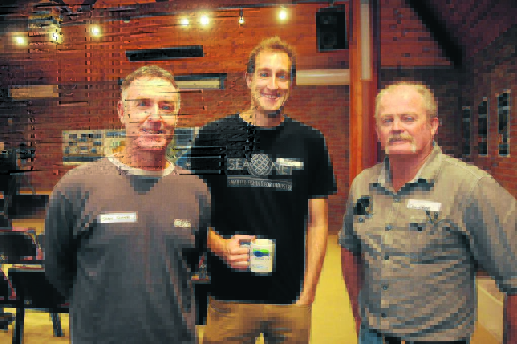 Local oyster farmers, Jason Bloomfield and Ian Crisp, with Andy Myers (centre) from OceanWatch.