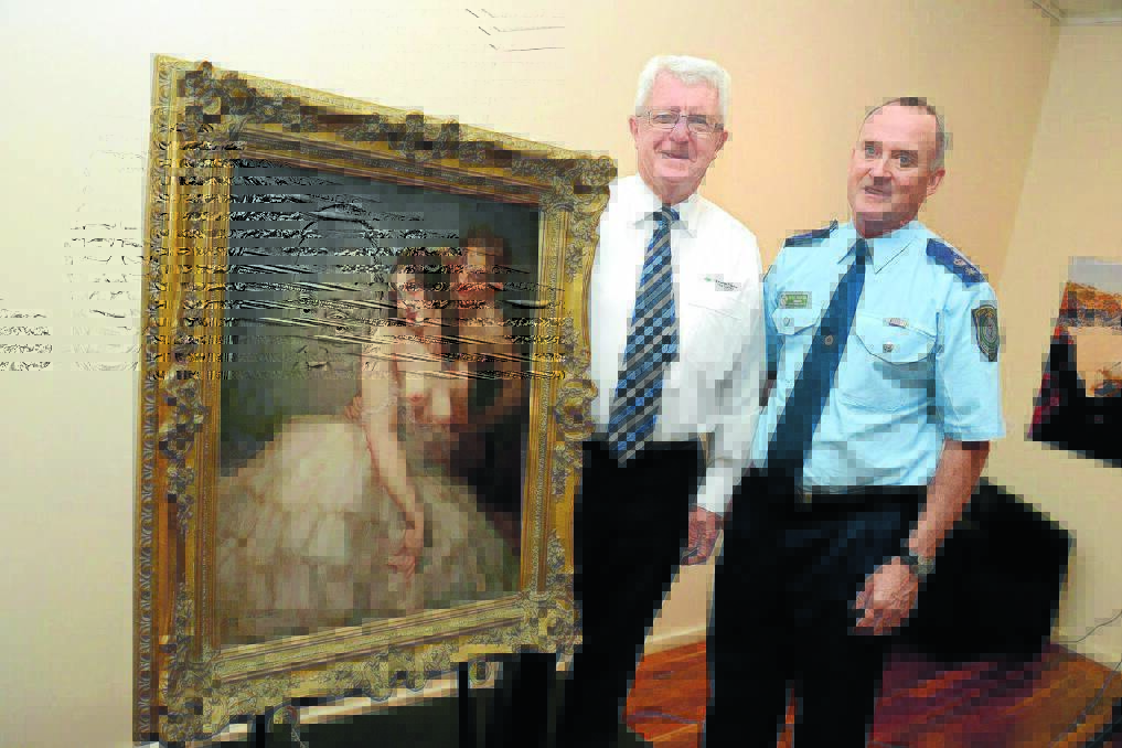 Greater Taree City mayor Paul Hogan with Manning Great Lakes Local Area Commander Supt Peter Thurtell, with the Lindsay painting now on show at Manning Regional Art Gallery.