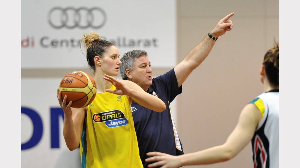 Australian Opals Basketball camp in  Ballarat. Alice Kunek and Coach Brendan Joyce. Picture Lachlan Bence  