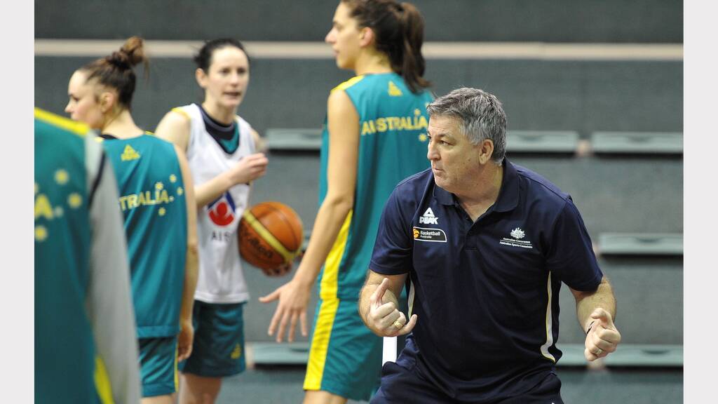 Australian Opals Basketball camp in  Ballarat. Kelly Wilson, Amy Lewis,Coach Brendan Joyce. Picture Lachlan Bence  