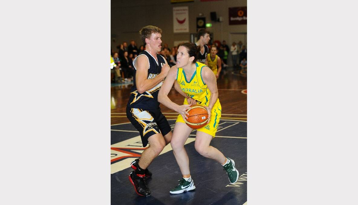Australian Opals practice game against the Miners Big V youth championships team. Miners Youth- Daniel Jackson and Opals- Belinda Snell. PICTURE: KATE HEALY.