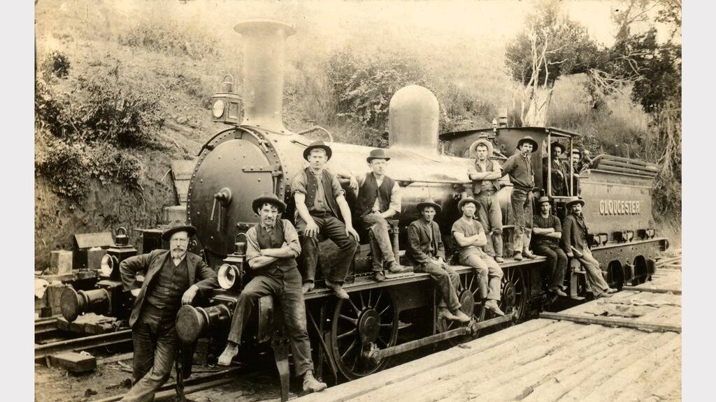Rail workers about the Gloucester engine. Manning Valley Historical Society photo.