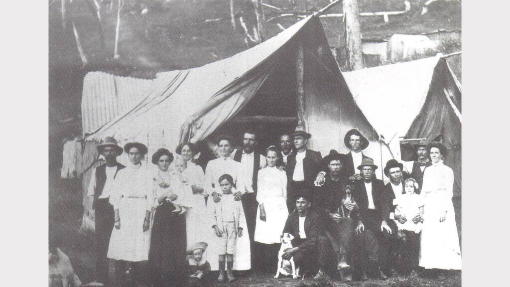 Construction families: Railway line construction workers and their families lived in tents and huts along the new track from Gloucester to Taree. Greater Taree City Council photo.