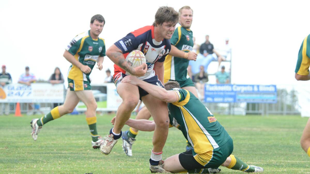 Old Bar second rower Ty Blanchette attempts to break a Forster-Tuncurry tackle during the Group Three Rugby League final at Old Bar. Blanchette had a strong game in Old Bar's 25-18 win.