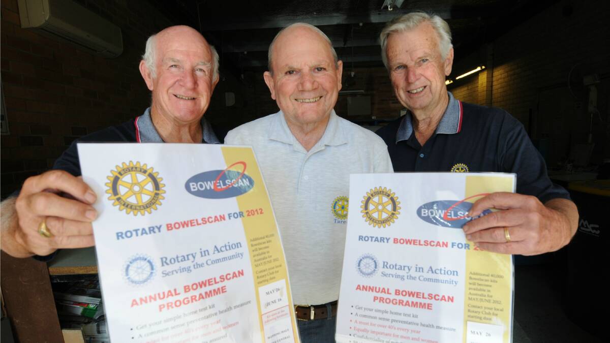 The simple test that saves lives: Project co-ordinator Kevin Sharp (left) pictured with Rotarians Don Hopkins and Max Carey at the launch of last year's Bowelscan project.