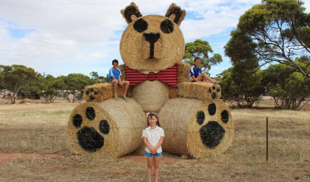 SA: Hannah, Caleb and Riley Evans with their giant teddy bear their family built from hay bales at their Gum Flat farm, west of Cleve.