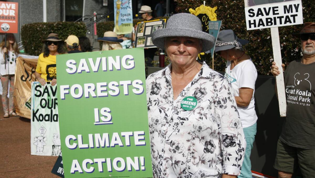 Greens candidate for Myall Lakes, Eleanor Spence was among those gathered at Taree Courthouse to voice their support for those arrested over recent logging protest. Photo Rick Kernick.