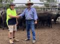 Steve Woodwood from Black Head with Gooch Agencies stock agent, David Callaughan at Taree Saleyards on Monday November 20. Picture supplied. 