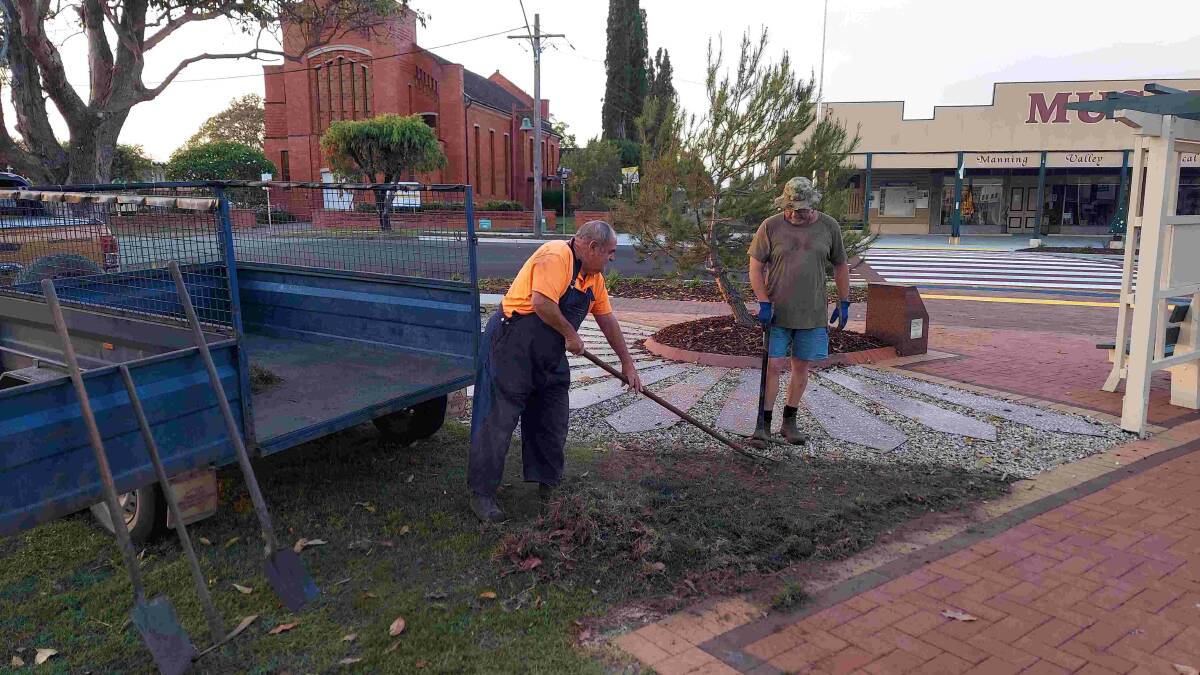 Wingham sub-branch members Rob Connell, Jack Muxlow and Brian Willey dug out the slab site for the new sculptures early on the morning of Wednesday, December 13. Picture supplied.
