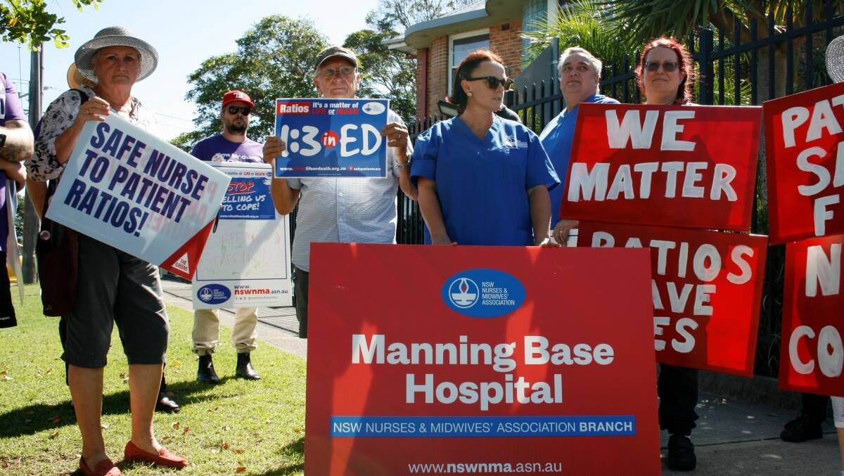 Nurses and Midwives representatives rally outside of Manning Base Hospital calling for the introduction of nurse to patient ratios. Photo Rick Kernick.