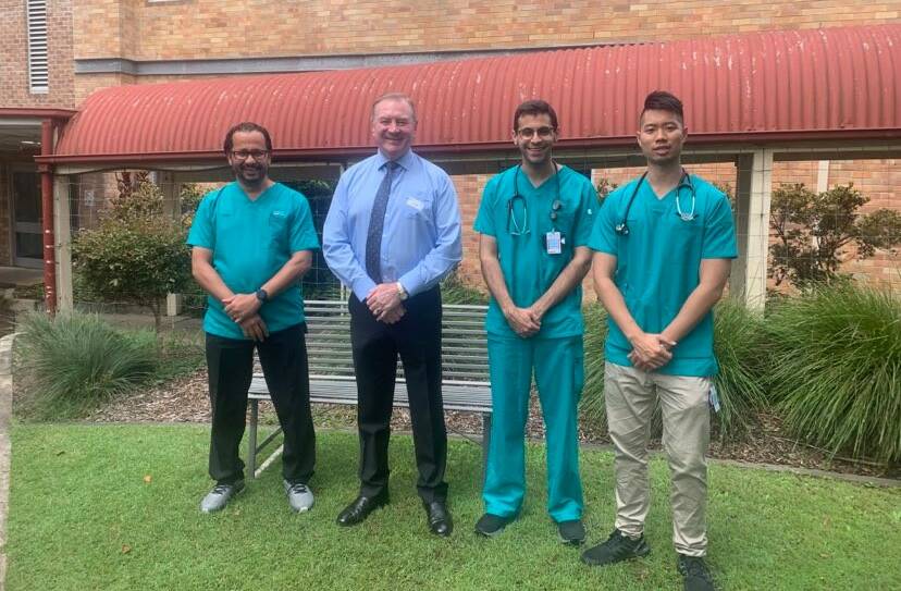 Myall Lakes MP Stephen Bromhead with Dr Ahmed Abdalla Senior Resident Medical Officer, Dr Devin Deo, Dr Billy Tran. Photo supplied. 