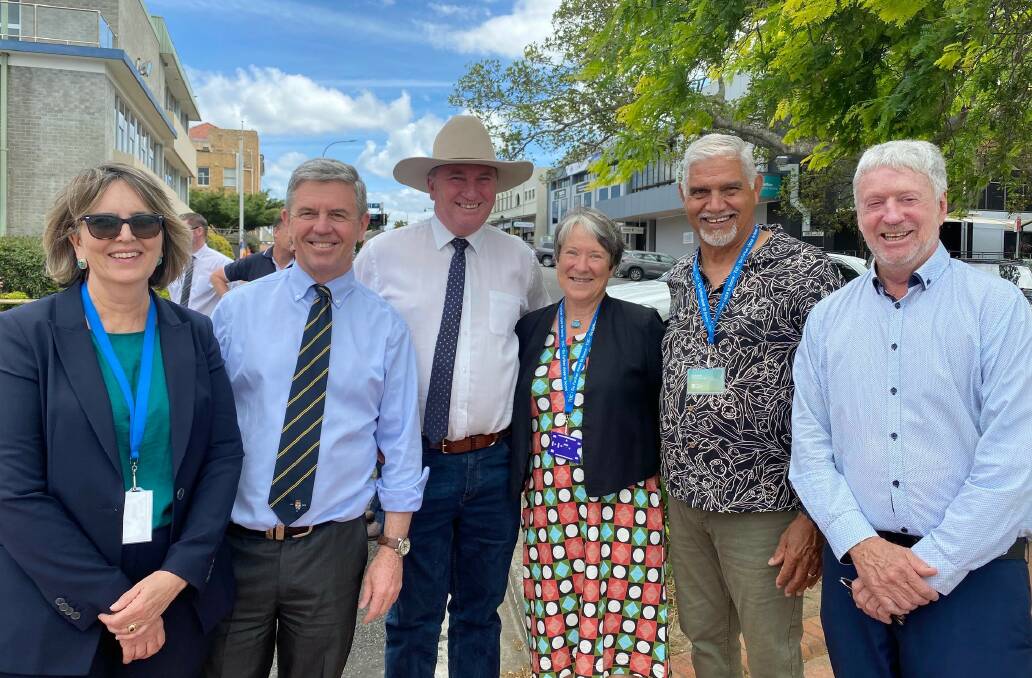 TUC CEO Donna Ballard, Dr David Gillespie, Barnaby Joyce, TUC chair Dr Alison McIntosh, Pastor Russell Saunders OAM, and Maurie Stack in November 2021 discussing the plan to move to the new builidng. 
