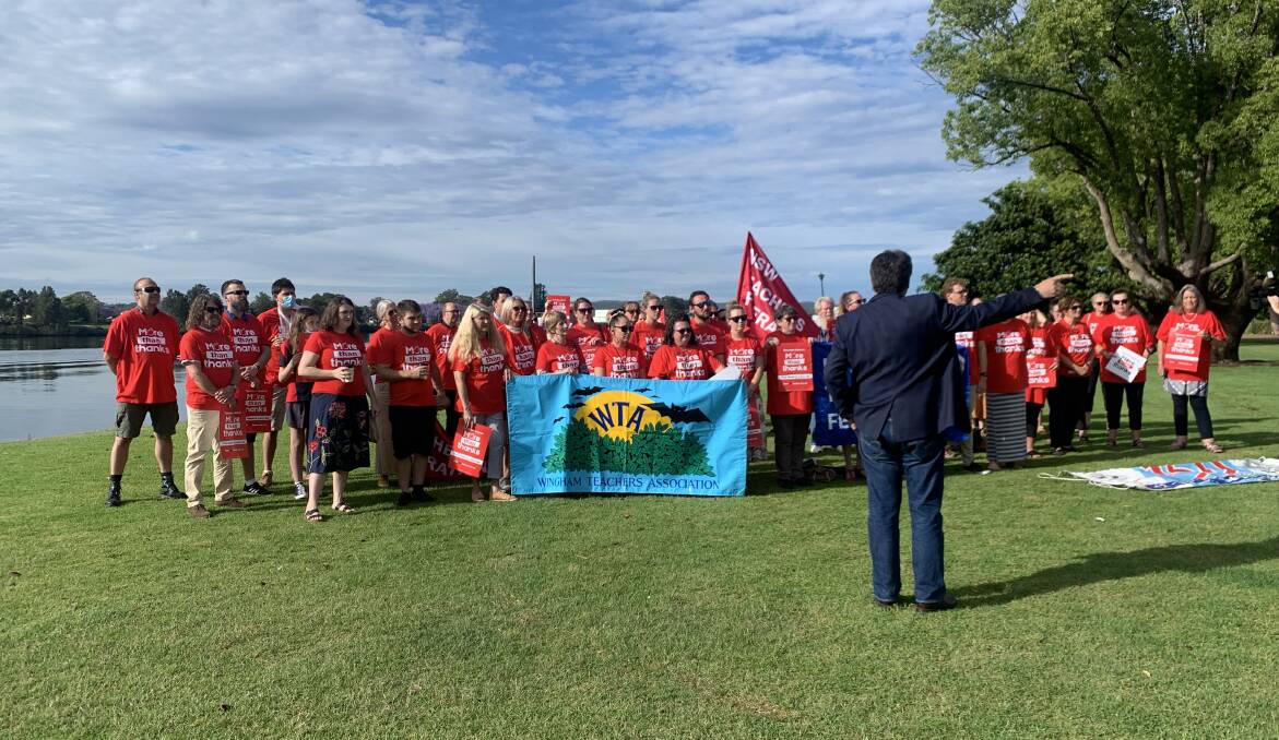 Teachers from Manning-Great Lakes schools met at Taree Riverbank with NSW Teachers Federation president, Angelo Gavrielatos for the protest. 