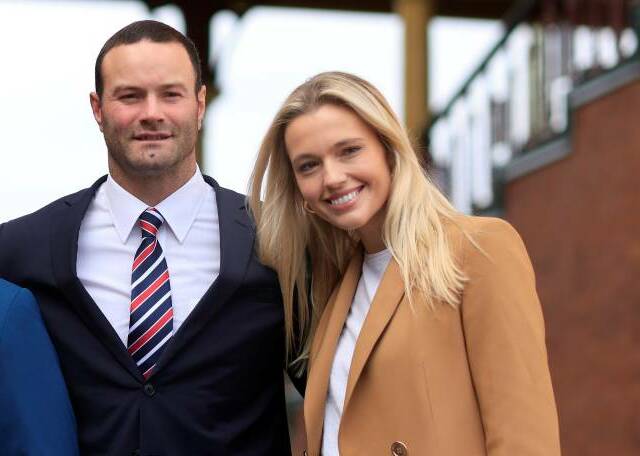 Boyd Cordner with partner Jemma Barge, announcing his retirement during a Sydney Roosters NRL media opportunity at Sydney Cricket Ground earlier this year. Photo by Mark Evans/Getty Images)