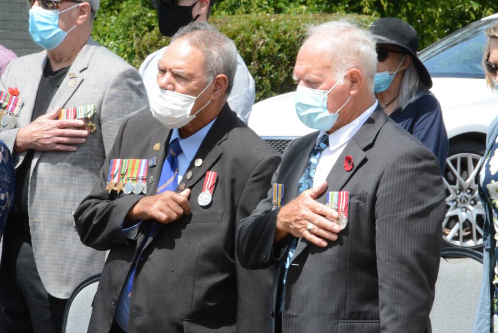 Ray Saunders and Will Paulson laying the wreath at the Remembrance Day ceremony at Club Taree 2021. Photo Scott Calvin. 