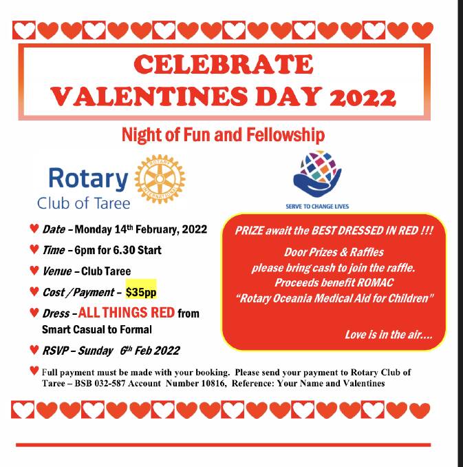Taree Rotary host Valentine's Day dinner at Club Taree on Monday, February 14. 