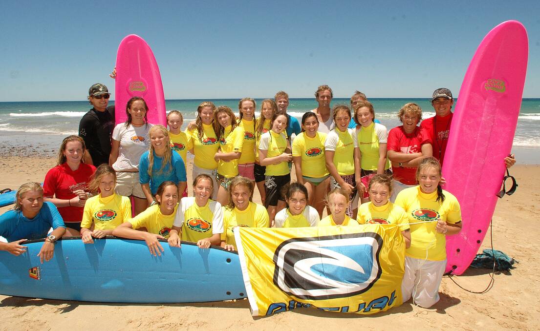 Jada (second left back row) opened the Saltwater Surf School when she was 17-years-old which she ran for six years. 