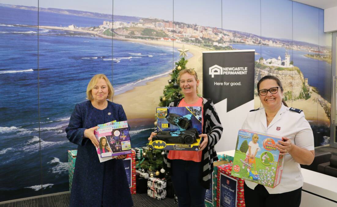 Newcastle Permanent CEO Bernadette Inglis, Toy Drive Appeal receiver Sara Goodridge, and Salvation Army officer Tracy Isles.