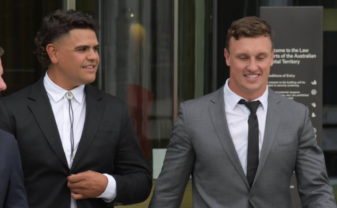Latrell Mitchell, left, and Jack Wighton, who both deny fighting in a public place, leave court on Monday afternoon. Picture by Tim Piccione 