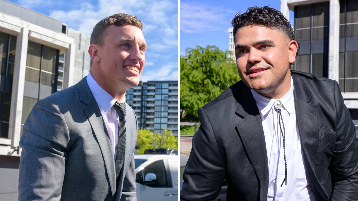 Jack Wighton, left, and Latrell Mitchell, right, arrive at court on Monday. Pictures by Sitthixay Ditthavong