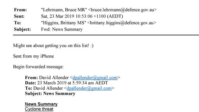 The "smiley face" email Bruce Lehrmann sent Brittany Higgins. Picture supplied