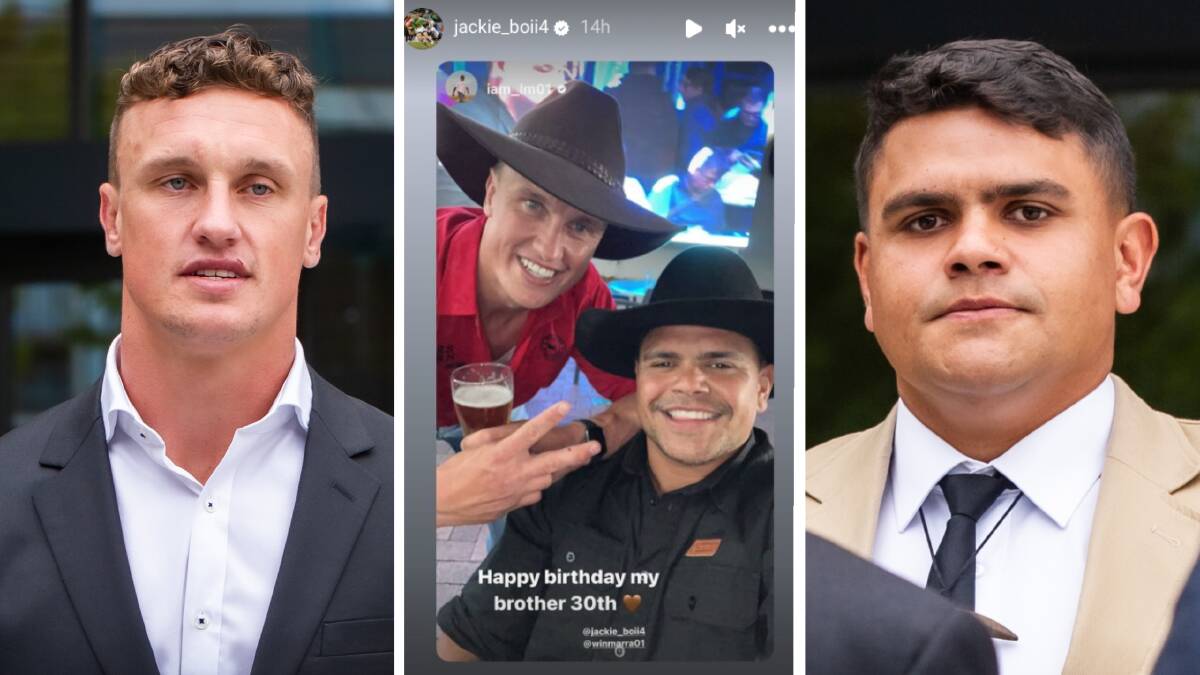 Jack Wighton, left, and Latrell Mitchell, right, are charged over an incident that occurred during birthday celebrations earlier this year, centre. Pictures by Karleen Minney, Instagram