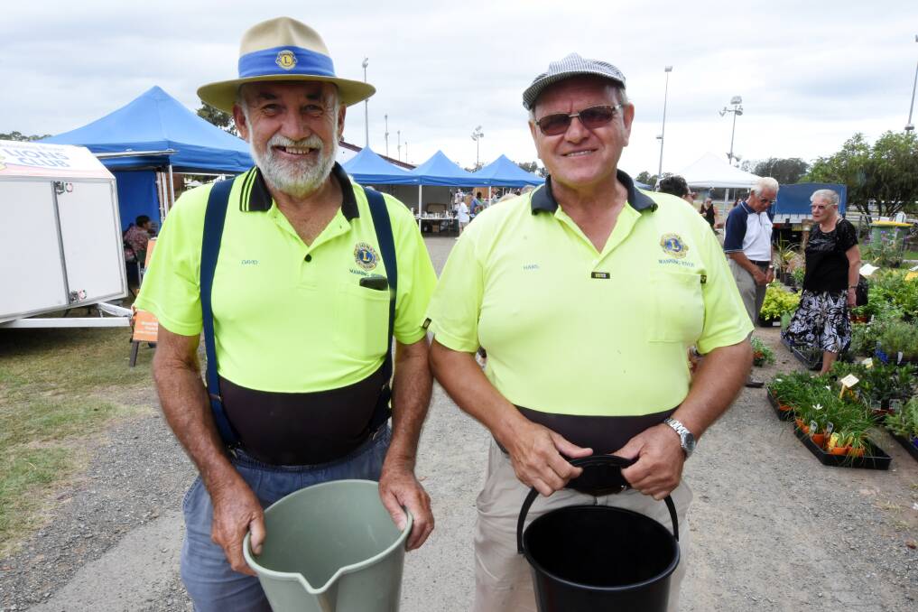 Lions: David Clark and Hans Rootmans at the February Hub Markets in Taree. The markets are on again this Saturday morning, March 16.