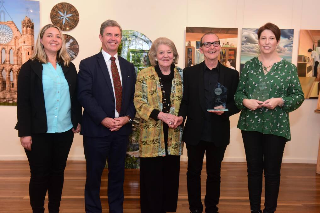 Previous winners: MidCoast Council deputy mayor Katheryn Smith, member for Lyne Dr David Gillespie and Manning Winter Festival president Mave Richardson with joint winners of the 2018 Performing Arts Award, Don Secomb and Tanya Brown. Photo: Julie Slavin.