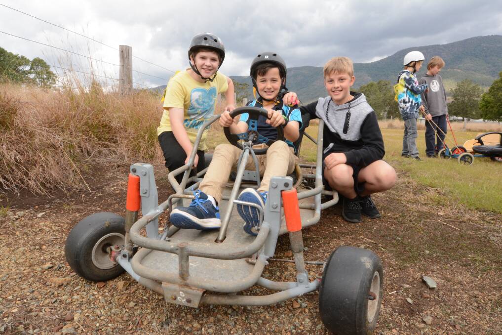Team Tinonee: Alex Jones, Angus Stewart and Elden Kluin competed in the billy cart derby during last year's Back to Mount George Festival. It's on again this Sunday with activities, entertainment, markets, the derby and more.