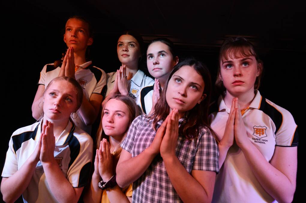Spectacular selection: Taree High drama students (back row) Jamie Smith, Letesha Mancell, Ashley Hampson, Tylah Roach, (front) Laurah Powell, Niquita Hughes and Keira Kelly (absent, Holly Davis) will perform in a Romeo and Juliet inspired piece. Photo: Scott Calvin.
