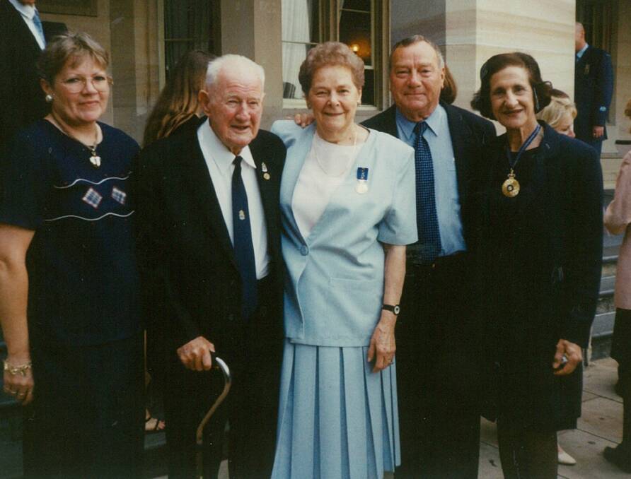 Betty Whitelaw (centre) with her daughter Karen Horsington, husband Nip Whitelaw, brother Lester Bonney and the govenor of NSW Marie Bashir at the OAM reception at Government House in Sydney in 2001. 